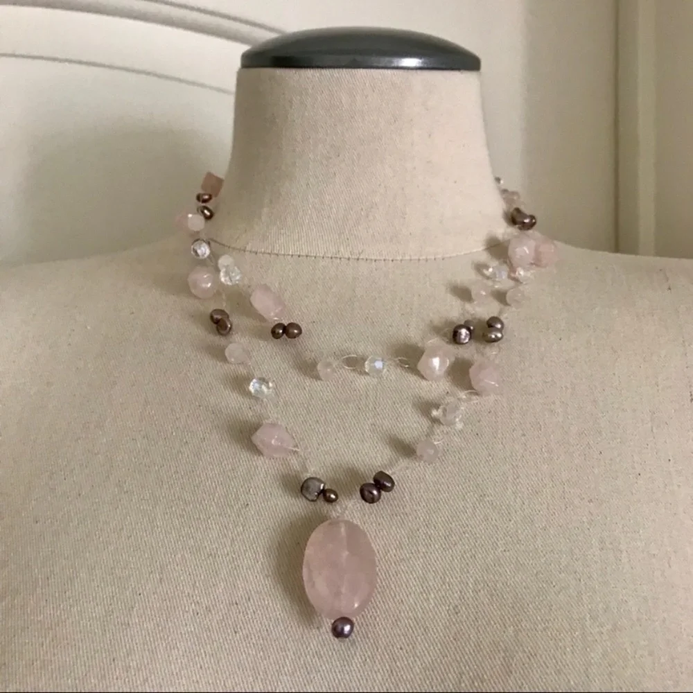 Handmade rose quartz baroque pearls crystal beads statement necklace